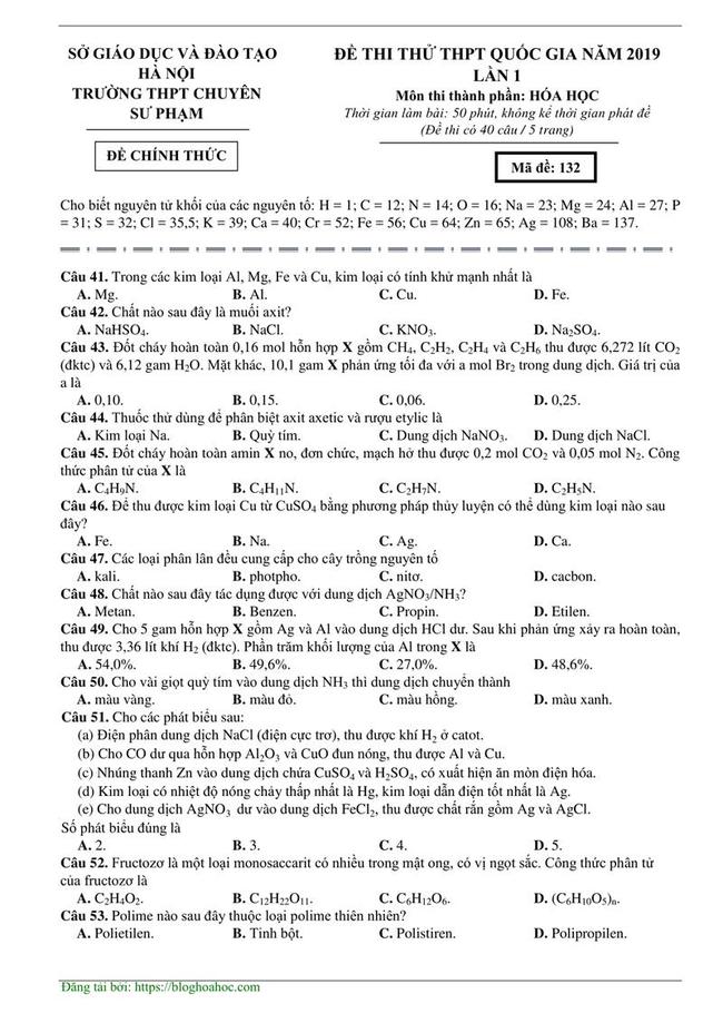 Đề thi thử môn Hóa THPT năm 2019 trường Chuyên ĐH Sư Phạm lần 1 trang 1