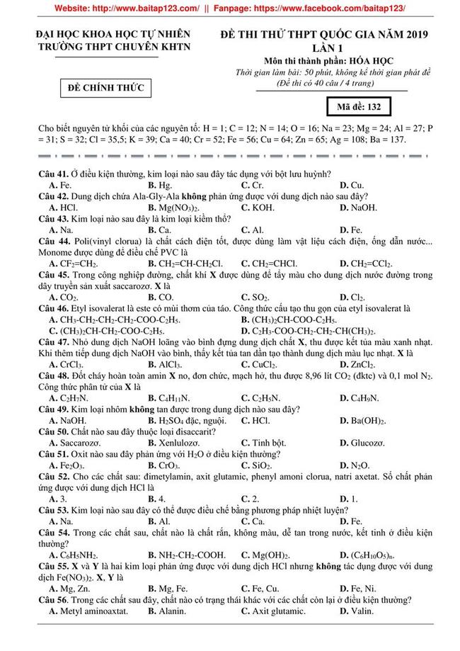 Đề thi thử môn Hóa THPT năm 2019 trường THPT Chuyên KHTN - Hà Nội lần 1 trang 1