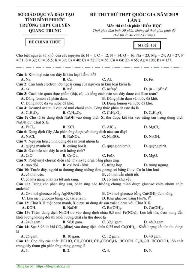 Đề thi thử môn Hóa THPT năm 2019 trường Chuyên Quang Trung - Bình Phước lần 2 trang 1