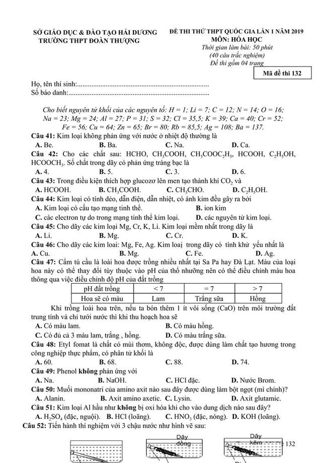 Đề thi thử môn Hóa THPT năm 2019 trường THPT  Đoàn Thượng - Hải Dương lần 1 trang 1