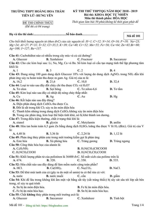 Đề thi thử môn Hóa THPT năm 2019 trường THPT Hoàng Hoa Thám - Hưng Yên lần 1 trang 1
