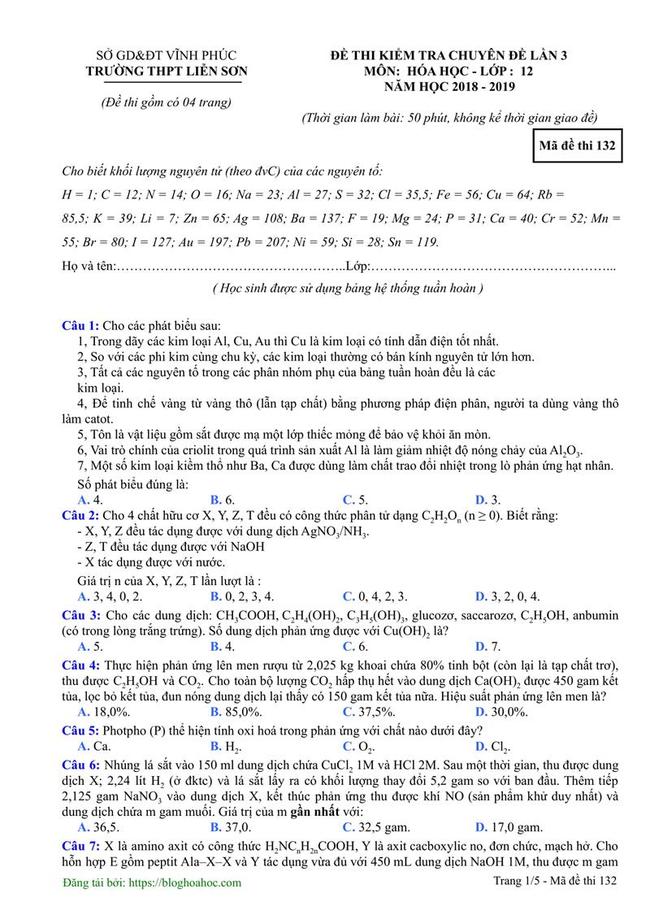 Đề thi thử môn Hóa THPT năm 2019 trường THPT Liễn Sơn - Vĩnh Phúc lần 3 trang 1 