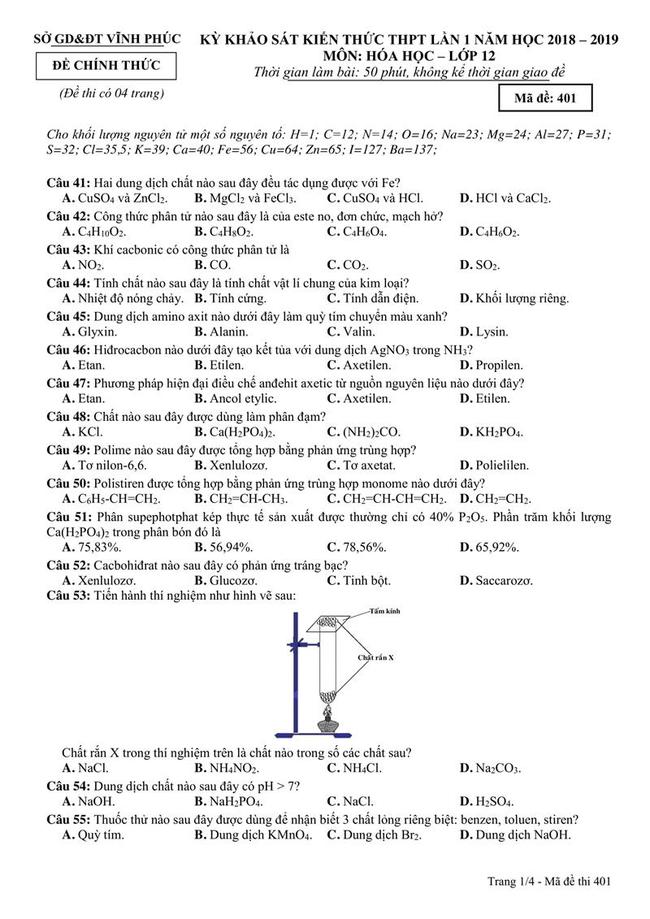 Đề thi thử môn Hóa THPT năm 2019 Sở GD&ĐT Vĩnh Phúc lần 1 trang 1