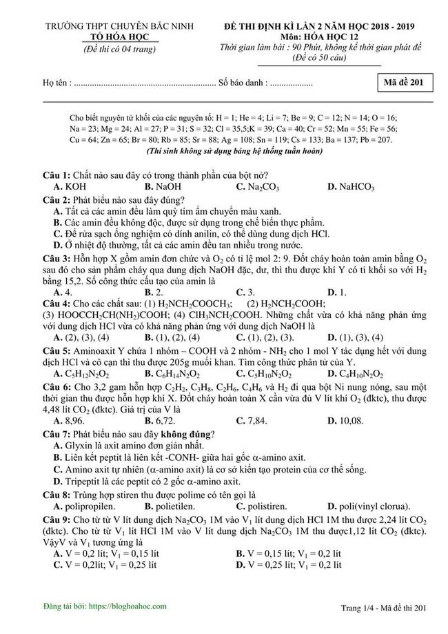 Đề thi thử môn Hóa THPT năm 2019 trường Chuyên Bắc Ninh lần 2 trang 1