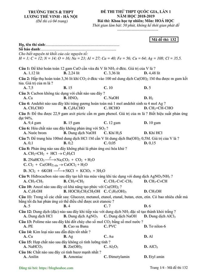 Đề thi thử môn Hóa THPT năm 2019 trường THPT Lương Thế Vinh - Hà Nội lần 1 trang 1