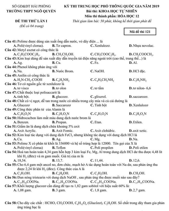 Đề thi thử môn Hóa THPT năm 2019 trường THPT Ngô Quyền - Hải Phòng lần 1 trang 1
