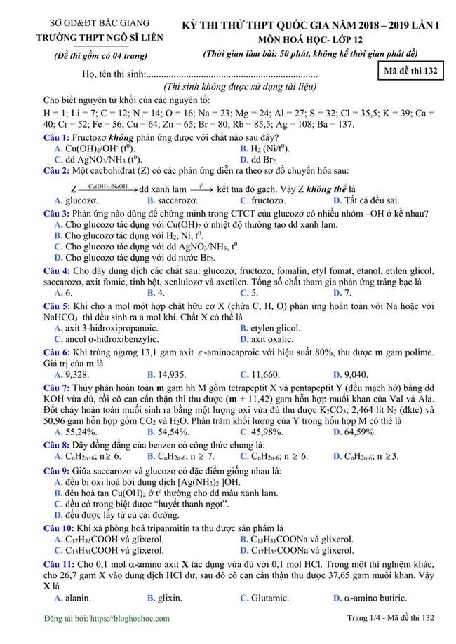 Đề thi thử môn Hóa THPT năm 2019 trường THPT Ngô Sĩ Liên - Bắc Giang lần 1 trang 1