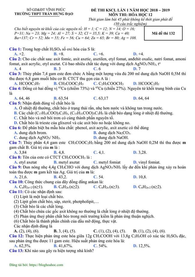 Đề thi thử môn Hóa THPT năm 2019 trường THPT Trần Hưng Đạo - Vĩnh Phúc lần 1 trang 1