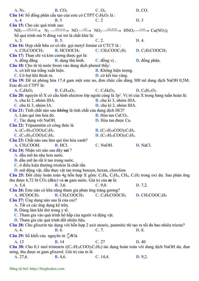 Đề thi thử môn Hóa THPT năm 2019 trường THPT Trần Hưng Đạo - Vĩnh Phúc lần 1 trang 2