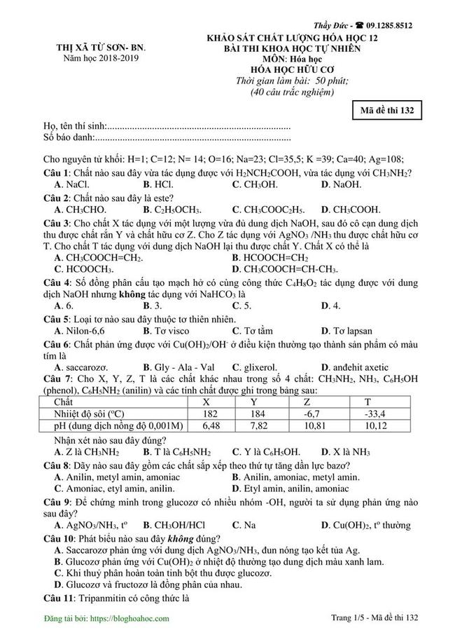 Đề thi thử môn Hóa THPT năm 2019 trường THPT Từ Sơn - Bắc Ninh lần 1 trang 1