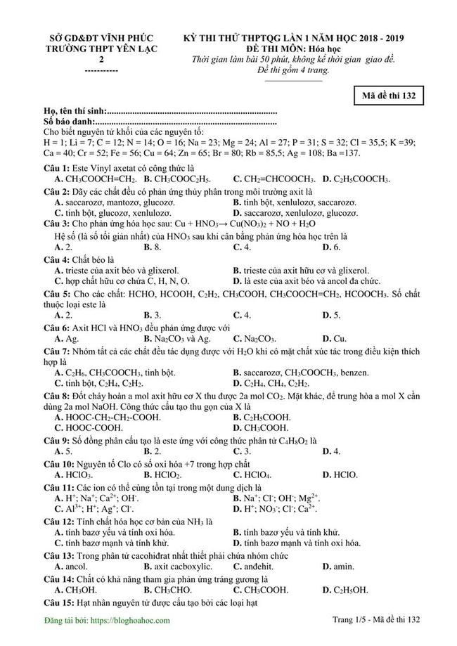 Đề thi thử môn Hóa THPT năm 2019 trường THPT Yên Lạc 2 - Vĩnh Phúc lần 1 trang 1
