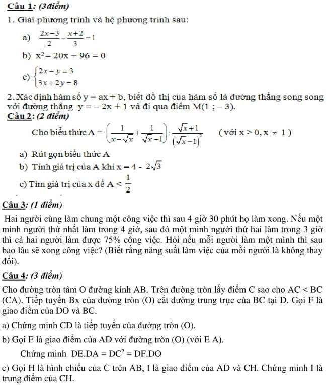 Đề thi thử môn toán vào 10 THPT Tràm Chim - Đồng Tháp