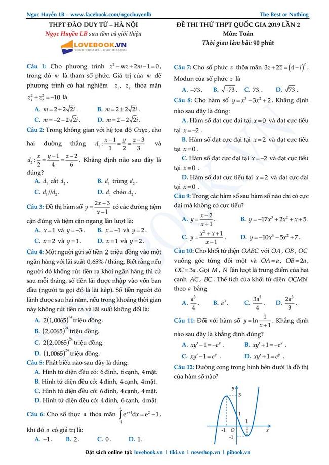 Đề thi thử môn Toán THPT năm 2019 trường THPT Đào Duy Từ - Hà Nội lần 2 trang 1