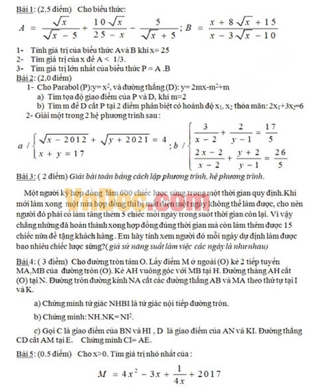 Đề thi thử toán vào 10 THPT chuyên Long An - Long An