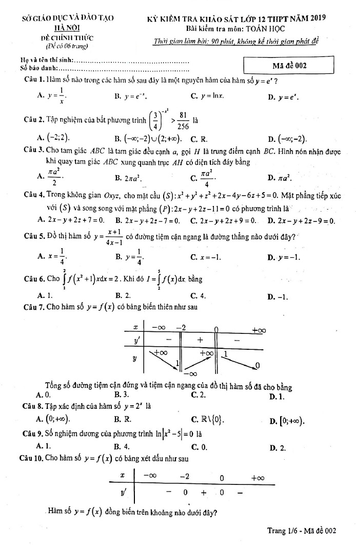 Đề thi khảo sát 12 môn Toán mã 002 Hà Nội 2019 trang 1