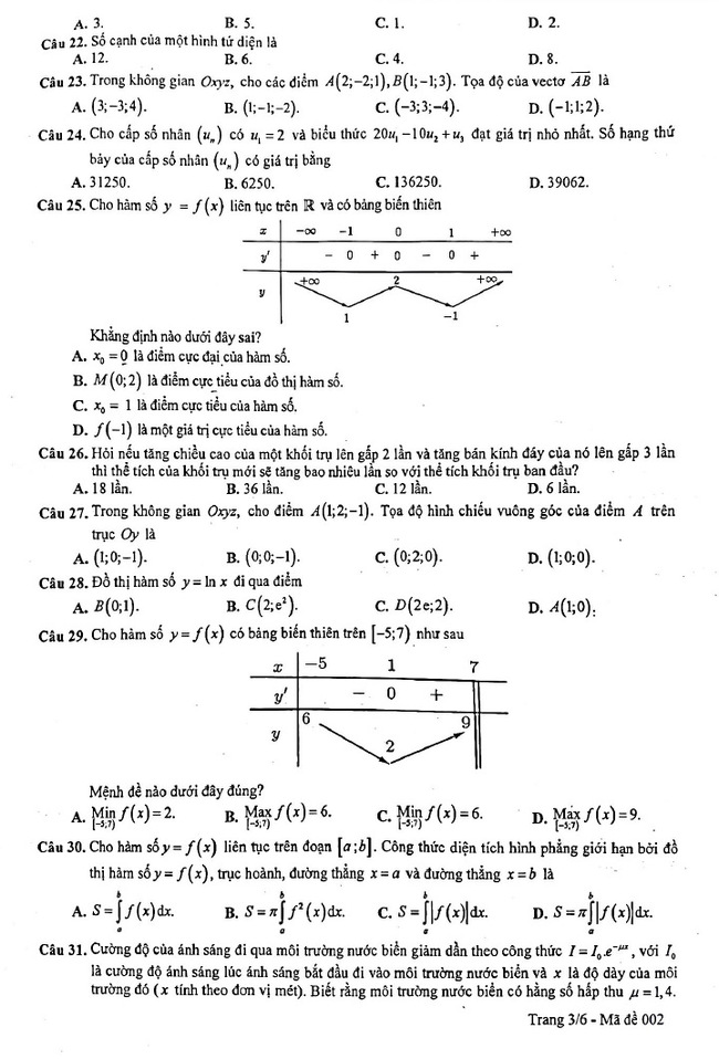 Đề thi khảo sát 12 môn Toán mã 002 Hà Nội 2019 trang 3