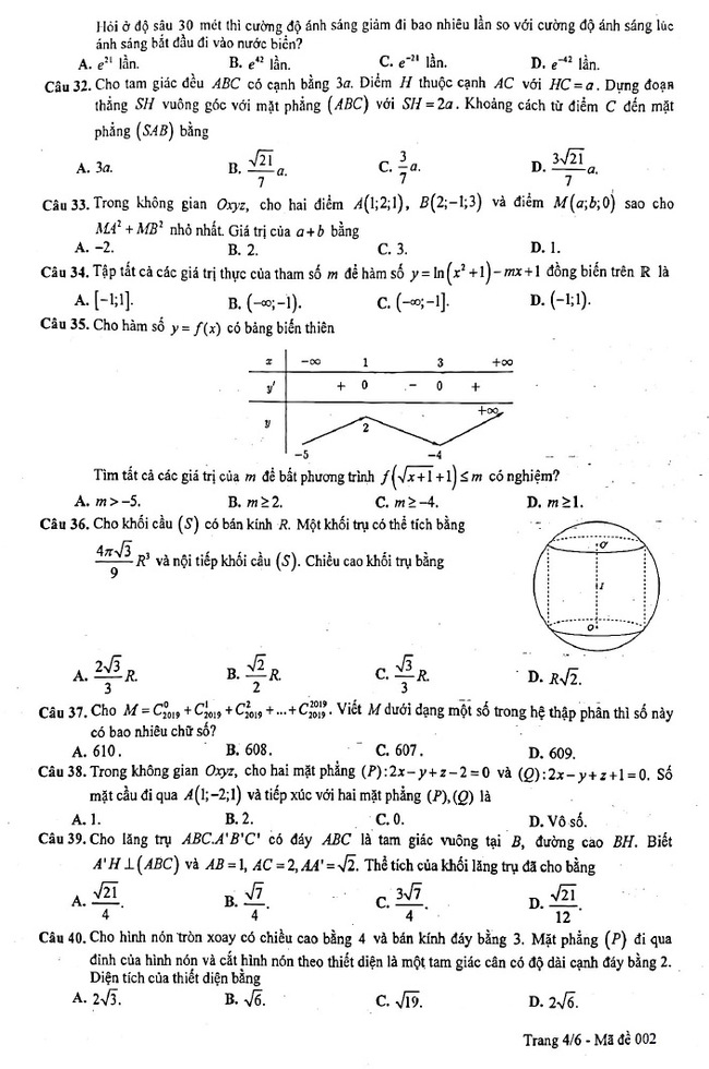 Đề thi khảo sát 12 môn Toán mã 002 Hà Nội 2019 trang 4