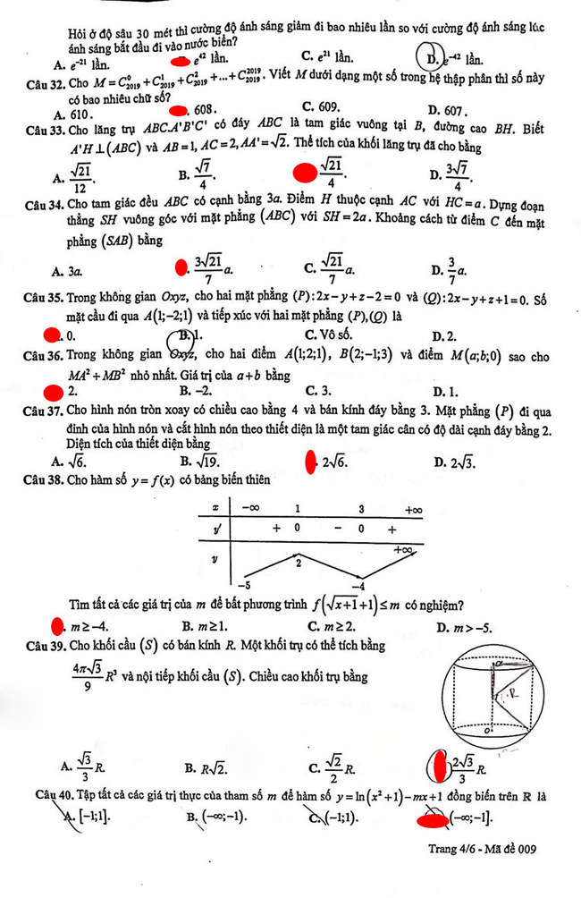 Đề thi khảo sát 12 môn Toán mã 009 Hà Nội 2019 trang 4