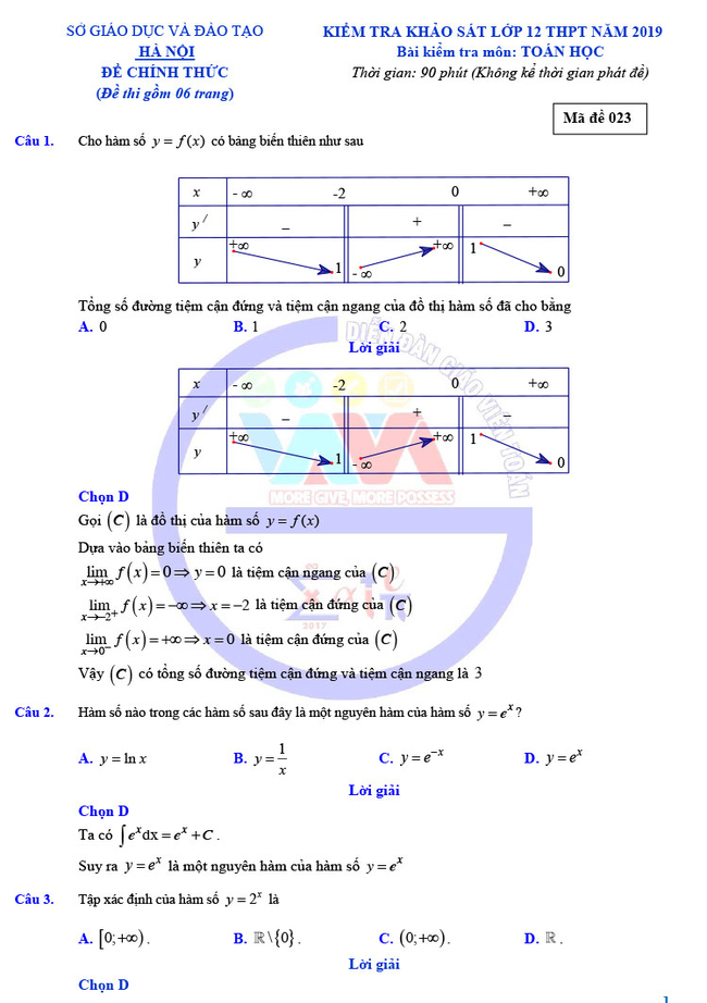 Đề thi khảo sát 12 môn Toán mã 023 Hà Nội 2019 trang 1