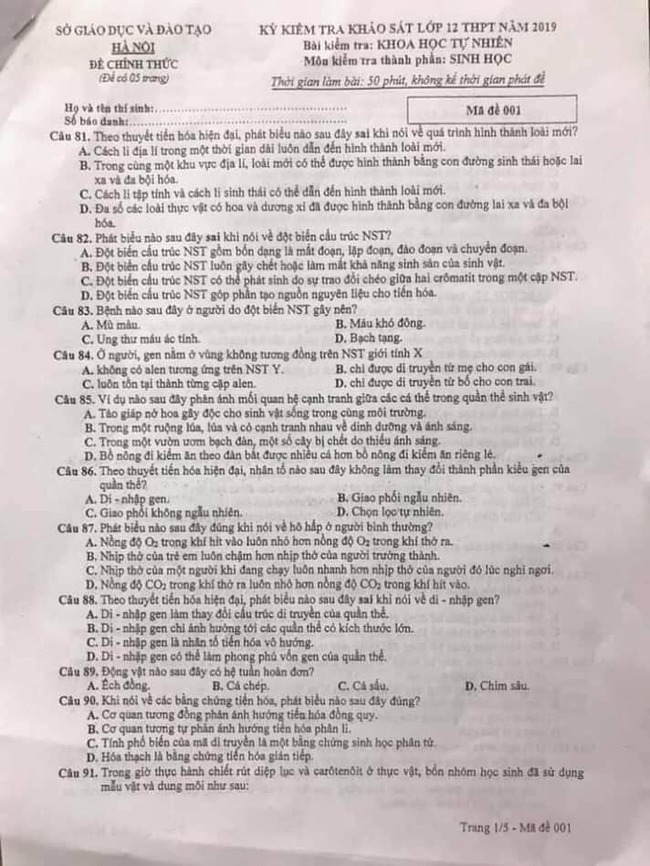 Đề thi Sinh khảo sát 12 Hà Nội mã đề 001 trang 1