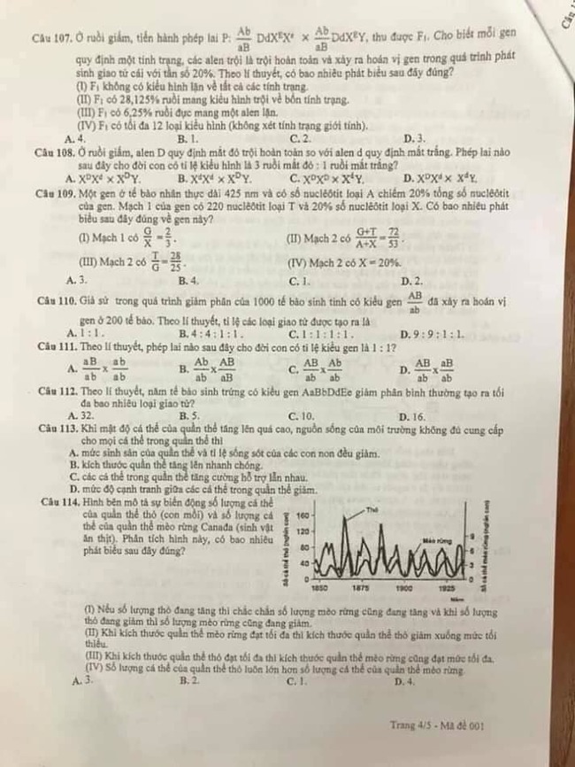 Đề thi Sinh khảo sát 12 Hà Nội mã đề 001 trang 4