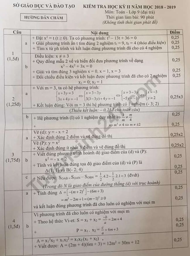 Đáp án đề thi khảo sát học kì 2 môn Toán lớp 9 tại Bình Dương 1