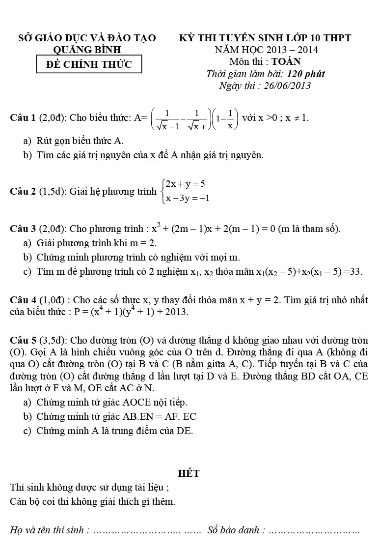 Đề thi vào 10 môn toán tỉnh Quảng Bình năm 2013