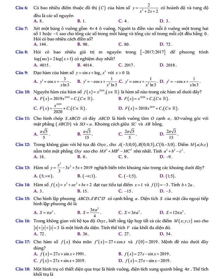 Đề thi thử thpt quốc gia 2019 môn toán trường chuyên Hưng Yên trang 2