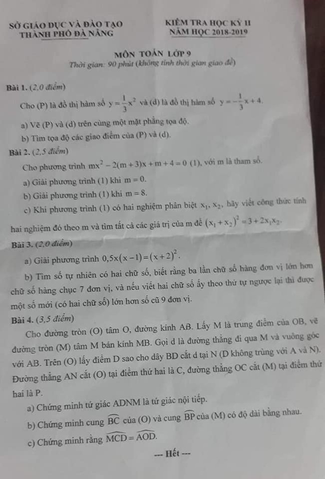 Đề thi học kì 2 môn Toán lớp 9 Sở GD Đà Nẵng 2019