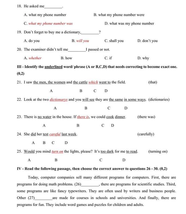 Đáp án đề thi thử môn Anh vào lớp 10 Bà Rịa - Vũng Tàu số 1 trang 3