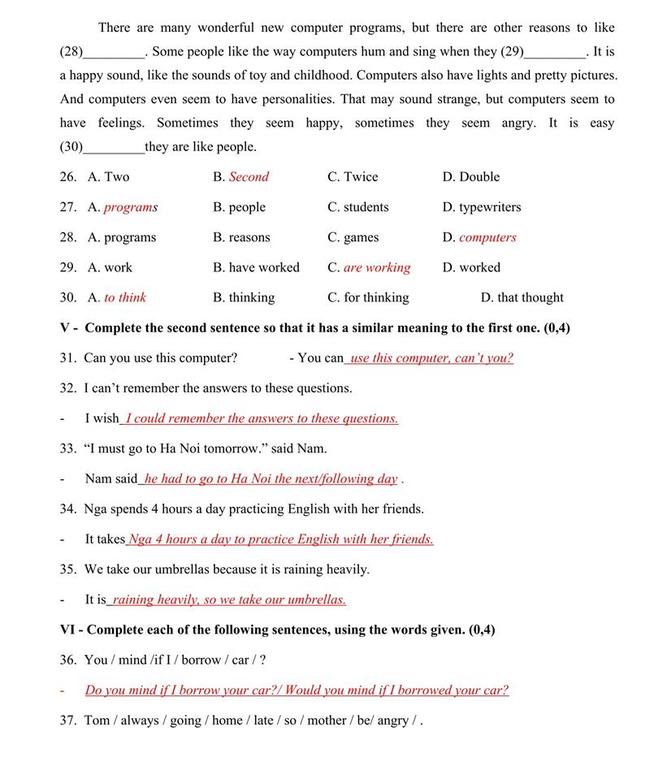 Đáp án đề thi thử môn Anh vào lớp 10 Bà Rịa - Vũng Tàu số 1 trang 4