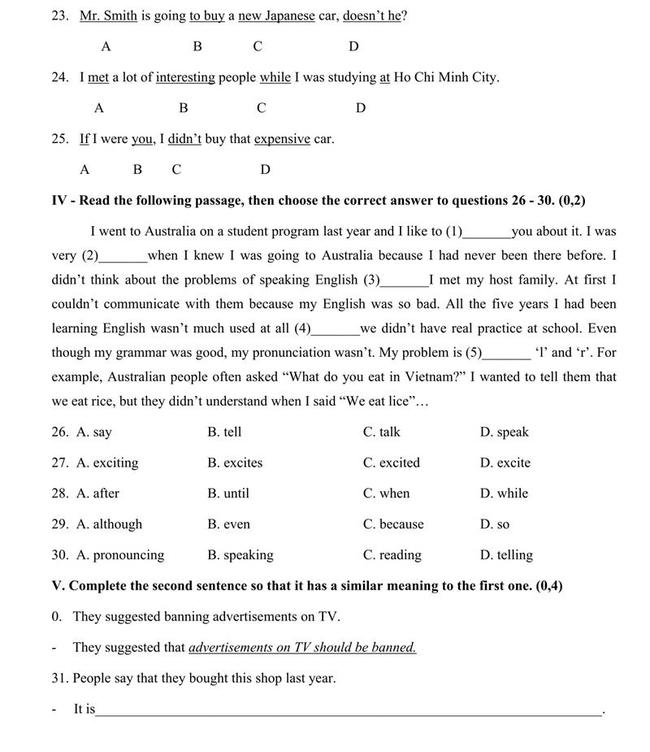 Đề thi thử vào lớp 10 môn Anh tỉnh Quảng Bình số 1 trang 3