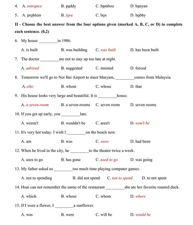 Đáp án đề thi thử vào lớp 10 môn Anh tỉnh Quảng Bình số 1 trang 2