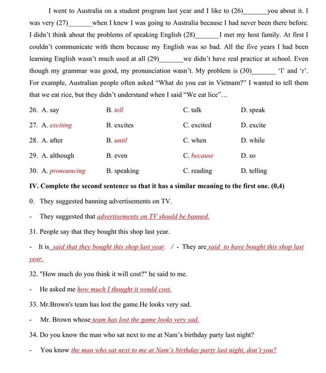 Đáp án đề thi thử vào lớp 10 môn Anh tỉnh Quảng Bình số 1 trang 4