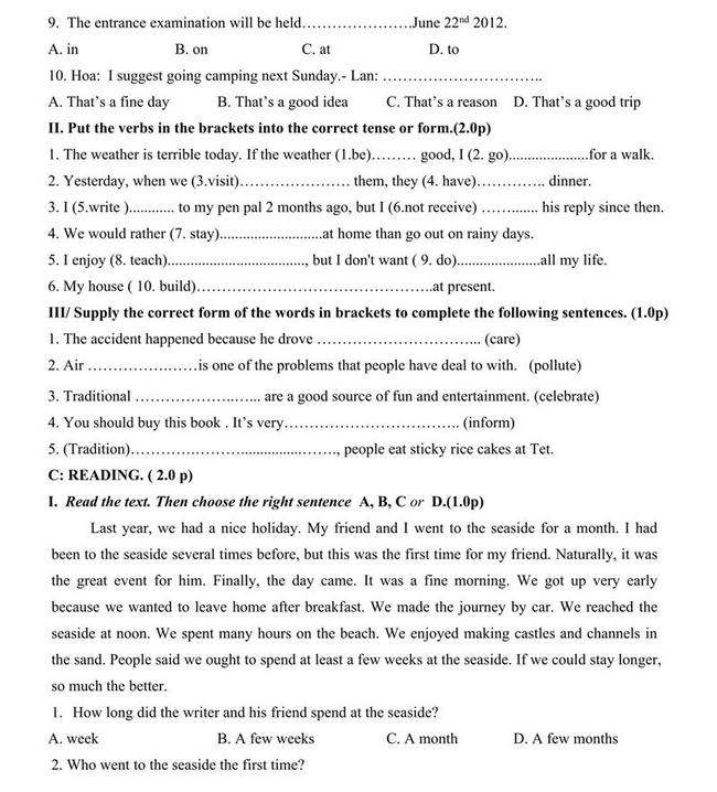 Đề thi thử môn Anh vào lớp 10 trường THPT Chuyên Lê Quý Đôn - Điện Biên trang 2