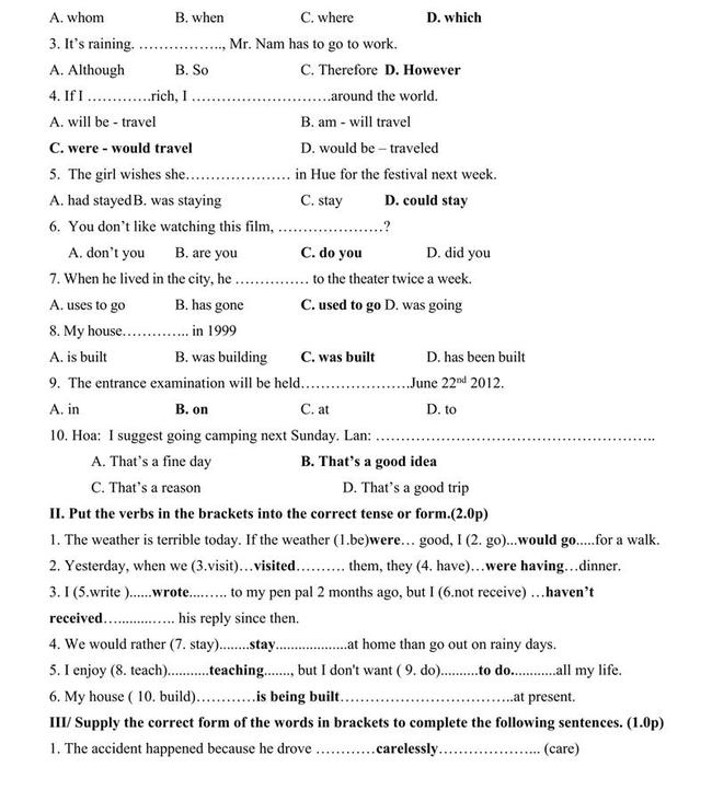 Đáp án đề thi thử môn Anh vào lớp 10 trường THPT Chuyên Lê Quý Đôn - Điện Biên trang 2