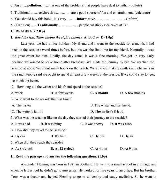 Đáp án đề thi thử môn Anh vào lớp 10 trường THPT Chuyên Lê Quý Đôn - Điện Biên trang 3