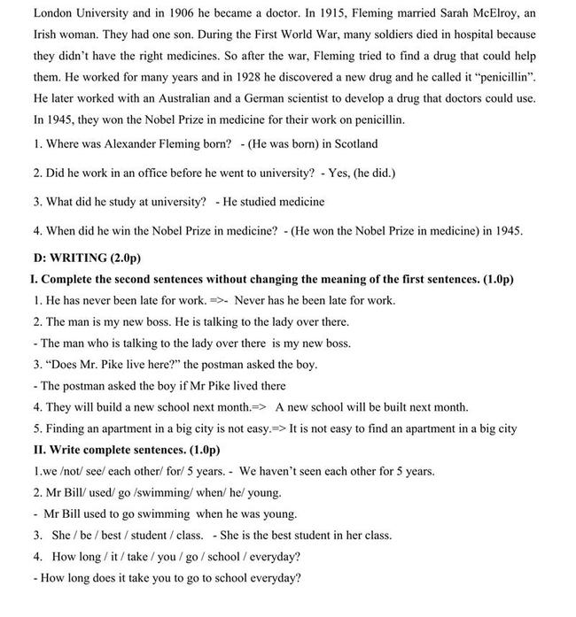Đáp án đề thi thử môn Anh vào lớp 10 trường THPT Chuyên Lê Quý Đôn - Điện Biên trang 4