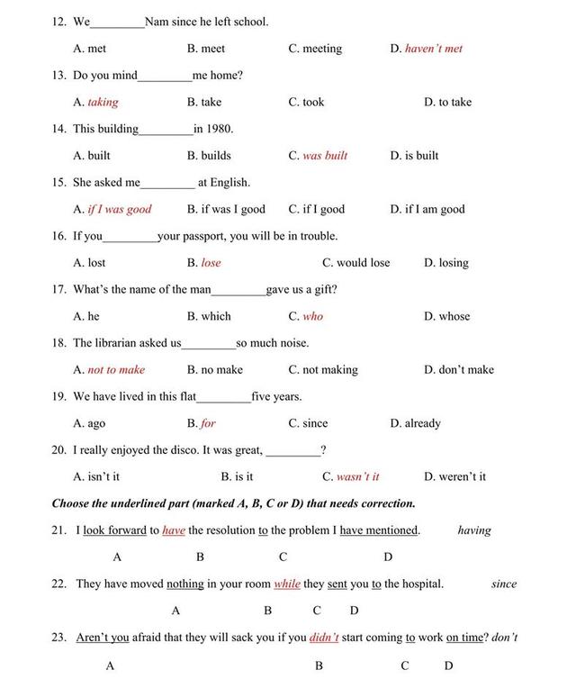 Đáp án đề thi thử môn Anh vào lớp 10 trường THPT Hùng Vương - Bình Định trang 2