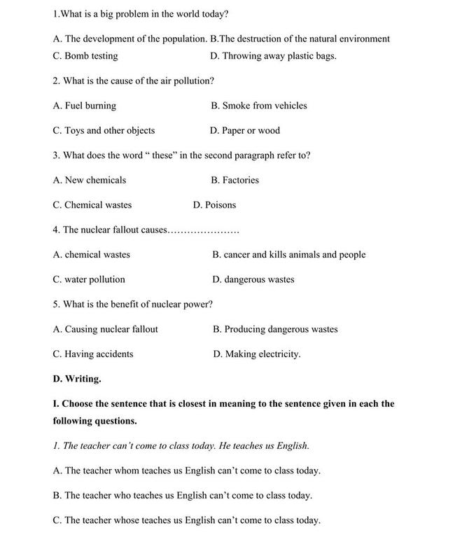 Đề thi thử môn Anh vào lớp 10 trường THPT Thành phố Cao Bằng trang 4