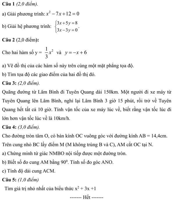 Đề thi thử toán vào 10 THPT Lâm Bình - Tuyên Quang