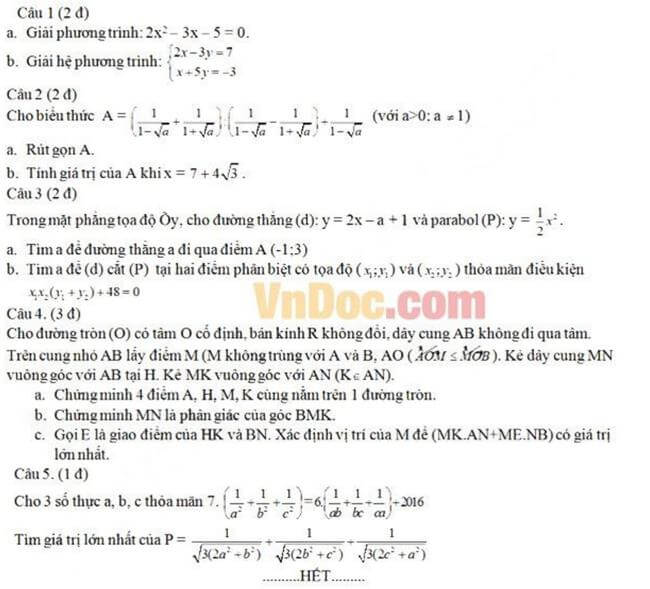 Đề thi thử toán vào 10 THPT Đốc Binh Kiều - Tiền Giang