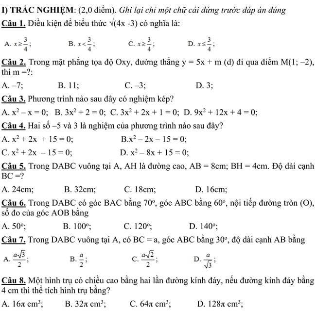 Đề thi thử toán vào 10 THPT Trần Đại Nghĩa - Tây Ninh trang 1