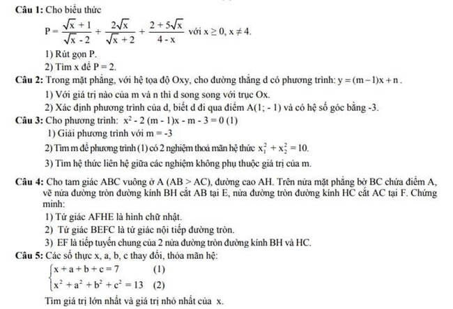 Đề thi thử toán vào 10 THPT Trần Phú - Quảng Ninh