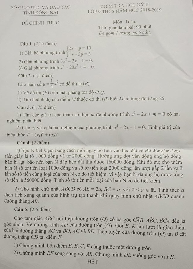 Đề thi Toán học kì 2 Đồng Nai 2019