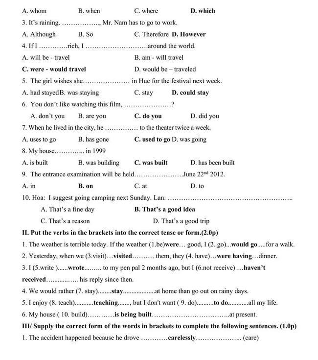 Đáp án đề thi thử môn Anh vào lớp 10 trường THPT Vị Thanh - Hậu Giang trang 2