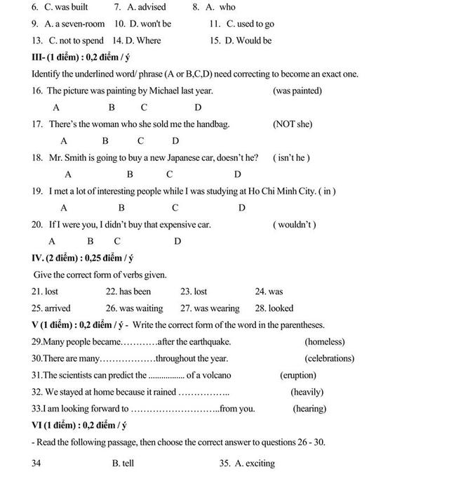 Đáp án đề thi thử vào lớp 10 môn Anh trường THPT Chuyên Phan Bội Châu - Nghệ An trang 2