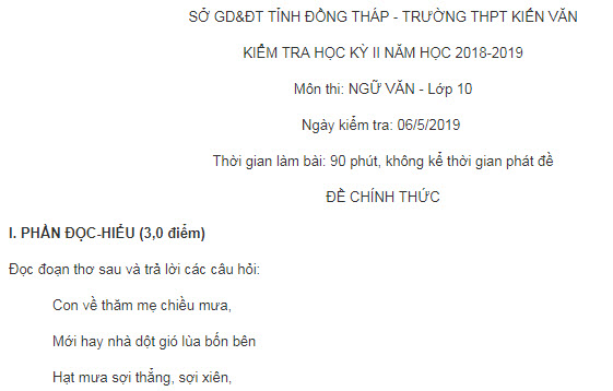 Đề thi học kì 2 môn Ngữ văn 2019 Kiến Văn (Đồng Tháp) có đáp án