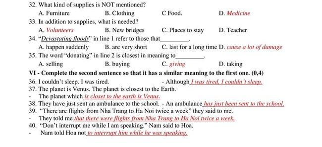 Đáp án đề thi thử vào lớp 10 môn Anh trường THPT Lê Hồng Phong - Thái Nguyên 3