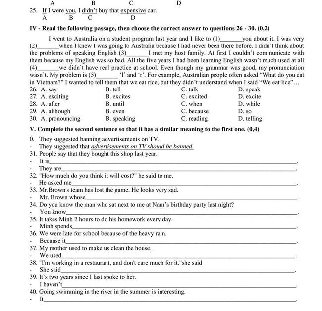 Đề thi thử vào lớp 10 môn Anh trường THPT Vĩnh Linh - Quảng Trị trang 2
